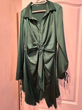 Green Satin Tie-Front Shirt Dress
